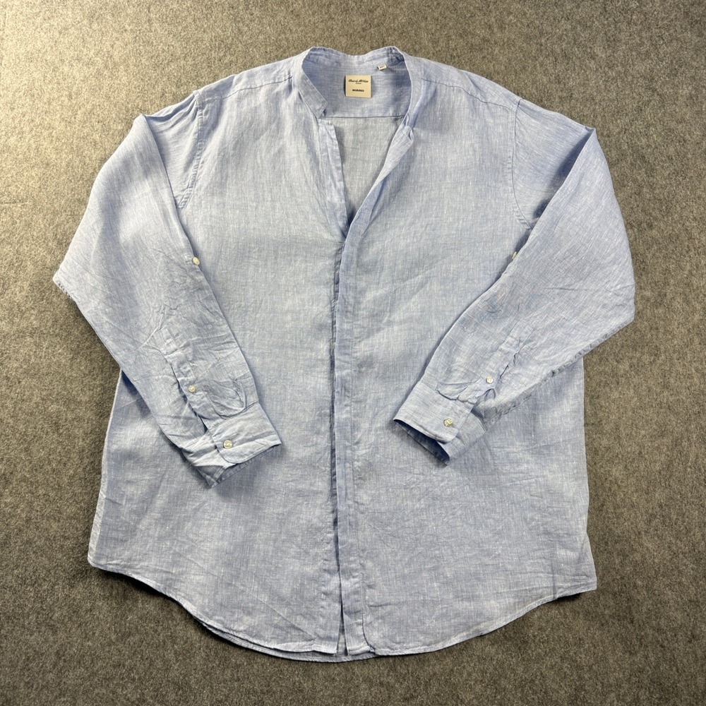 Baird McNutt Linen Shirt Men 2XT Murano Band Collar Blue Wealth Luxury Summer